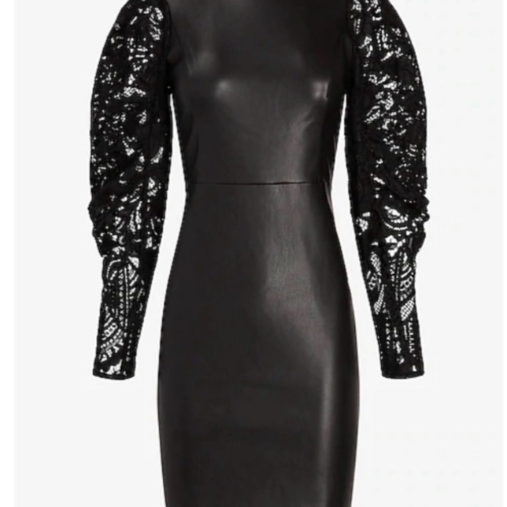 Express Black Faux Leather Sheath Dress with Sequin Puff Lace Sleeves
